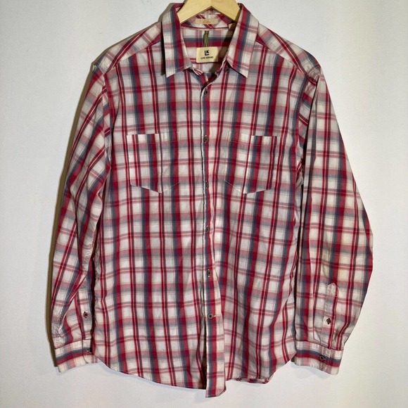 Life Khaki Mens Large Button Down Slim Fit Plaid Pocket Long Sleeve Plaid Shirt - Picture 2 of 6